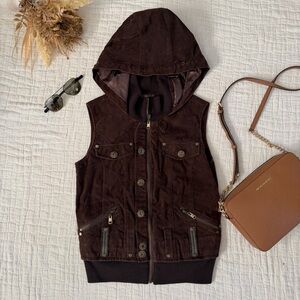 Brown Hooded Vest with Button Details